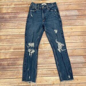 Abercrombie & Fitch High Rise Mom Jeans Distressed Raw Hem Dark Wash